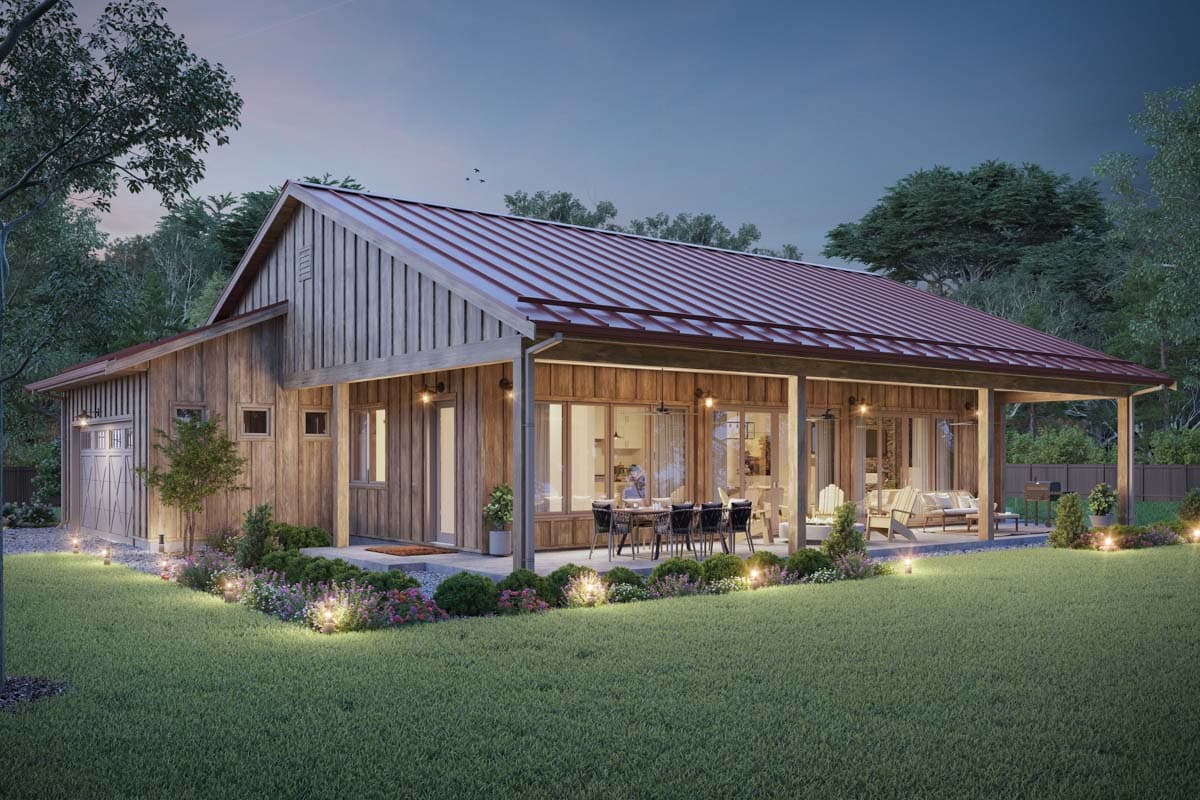 Modern Farmhouse house plan exterior with vertical wood siding, large covered porch, and attached garage.