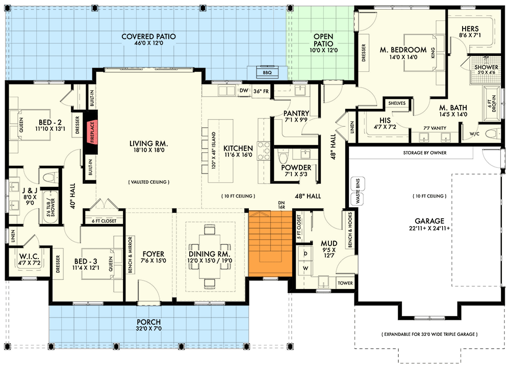 Plan 677039NWL: Modern Farmhouse with Expandable Garage - 2516 Sq Ft - Floor Plan - Main Level - Basement Stair Location - Country, Farmhouse, Modern Farmhouse, New American, Traditional