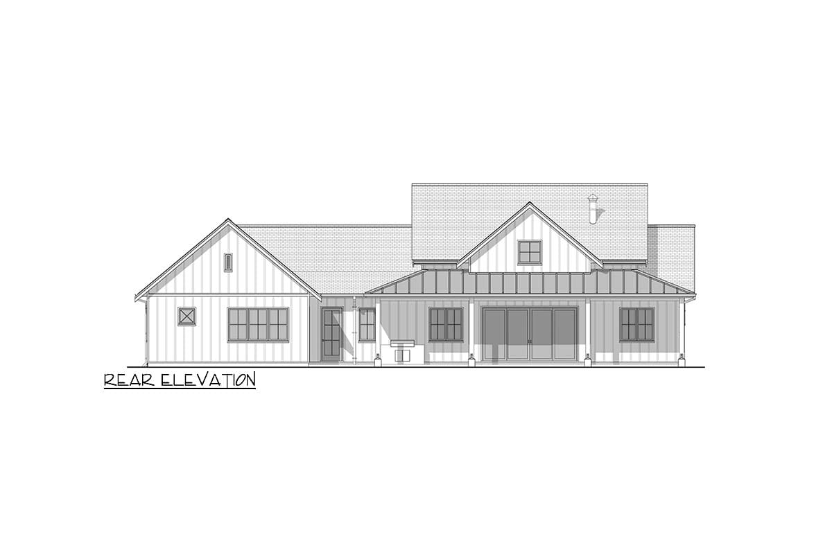 Rear elevation drawing of a Modern Farmhouse style house plan with gables, board and batten siding, and a metal roof porch.