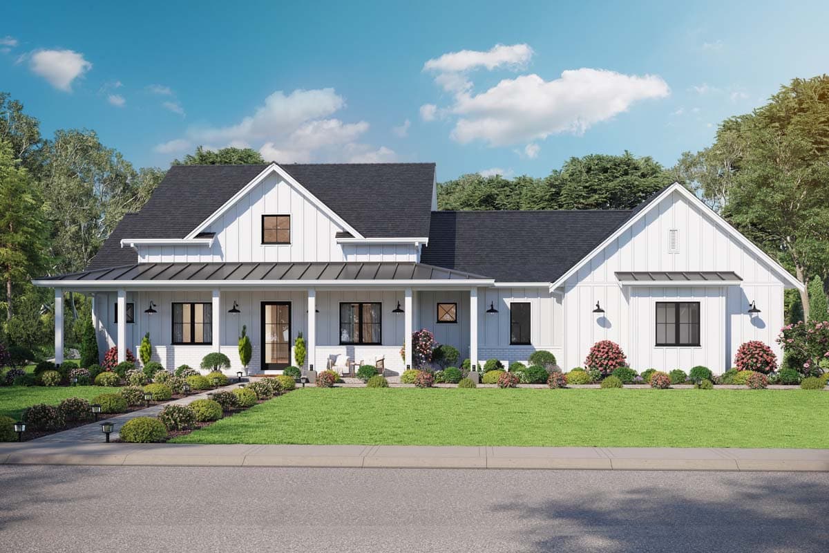 Modern farmhouse house plan exterior. Features a gabled roof, covered porch with columns, and board-and-batten siding. Single-story design.