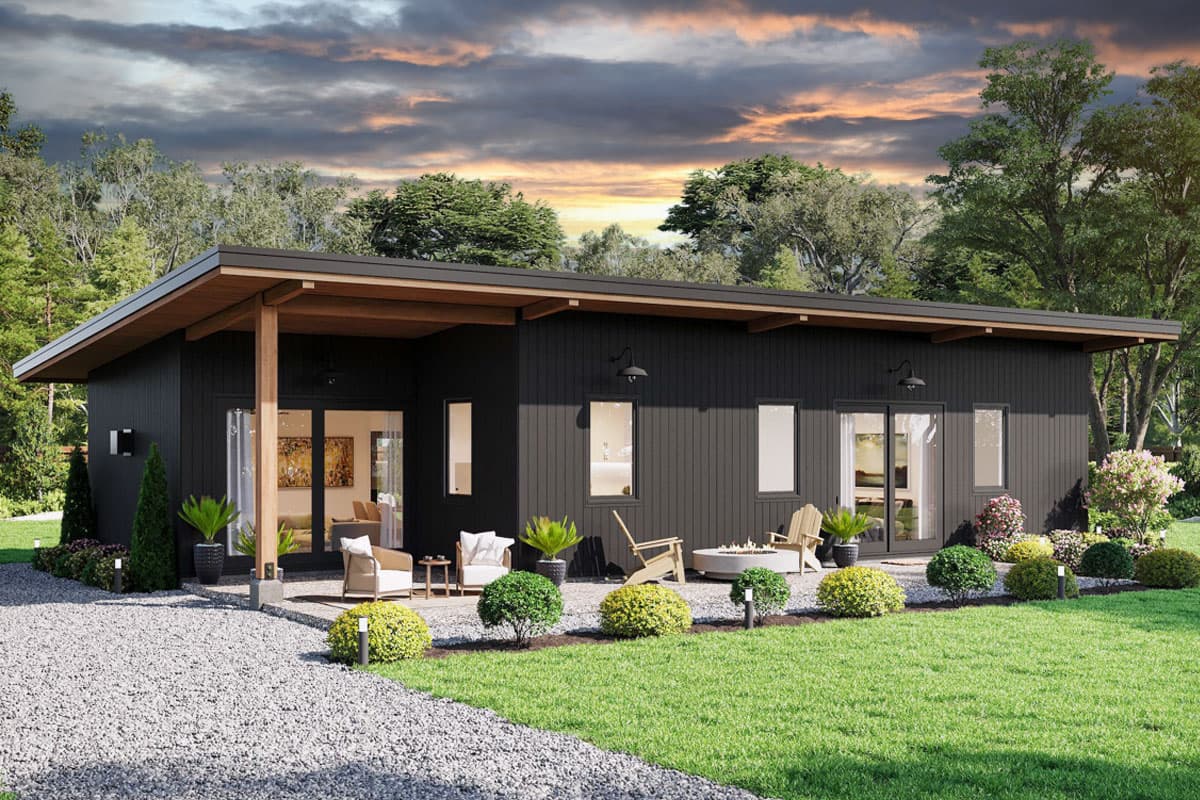 House plan exterior. Modern, one-story home with a low-slope roof and covered porch. Features include large windows and a fire pit patio.