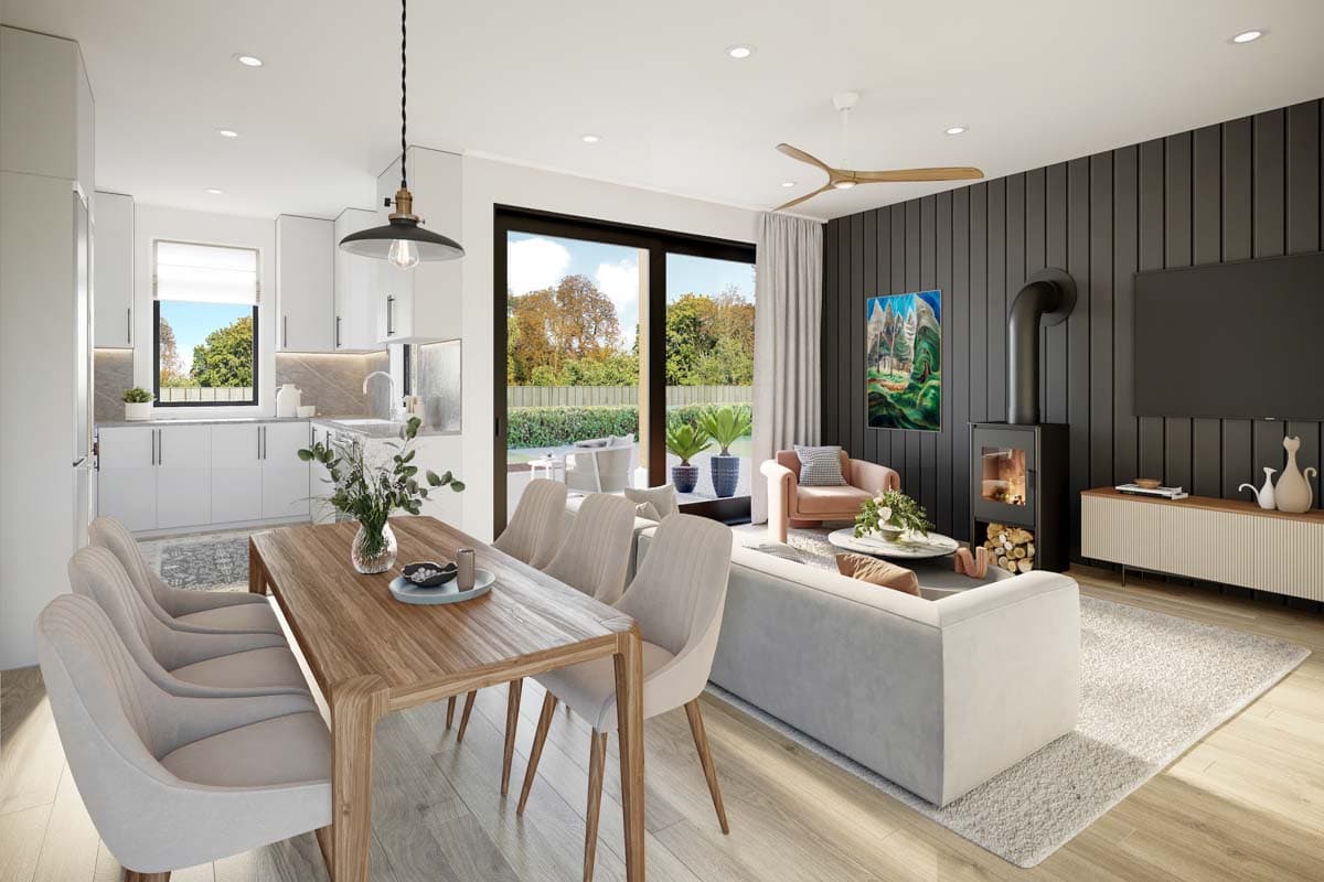 Open concept living, dining, and kitchen area with a fireplace, island, and large sliding glass doors to the exterior.