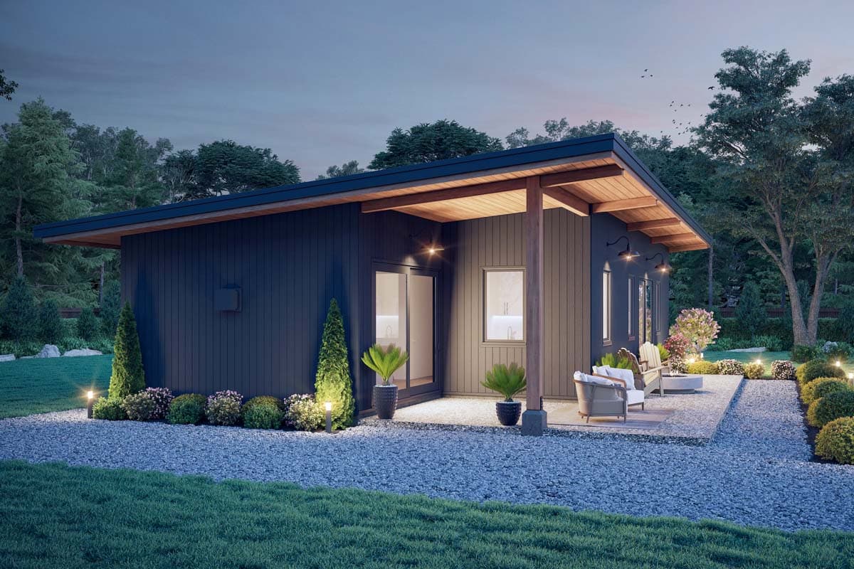 Modern one-story house plan exterior with a low-pitched roof, deep eaves, and a covered patio with seating.
