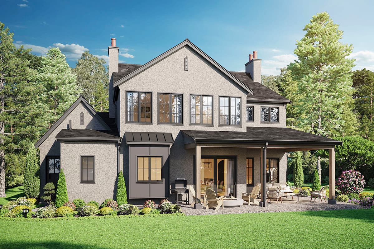 House plan exterior with gabled rooflines, multiple chimneys, and a covered patio with seating.