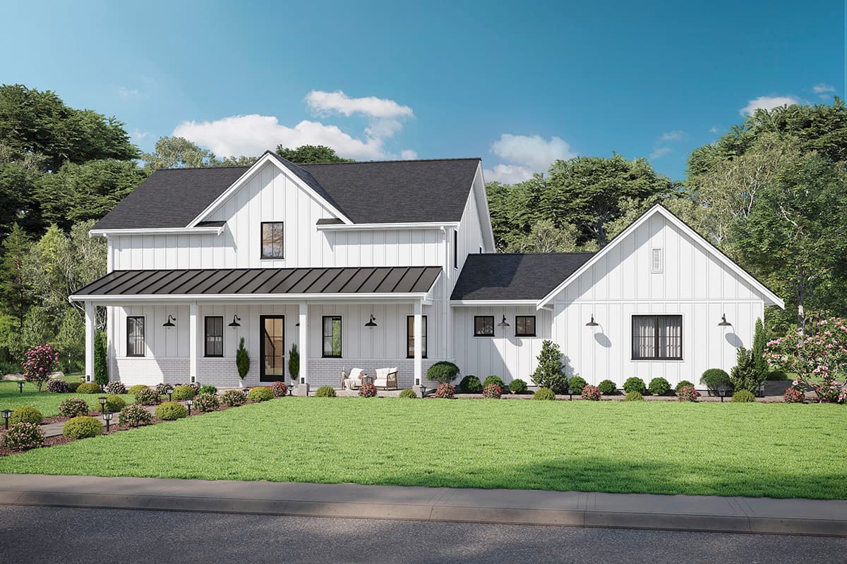 House plan exterior. Modern farmhouse style with two stories, a front porch, multiple gables, and a dark metal roof.