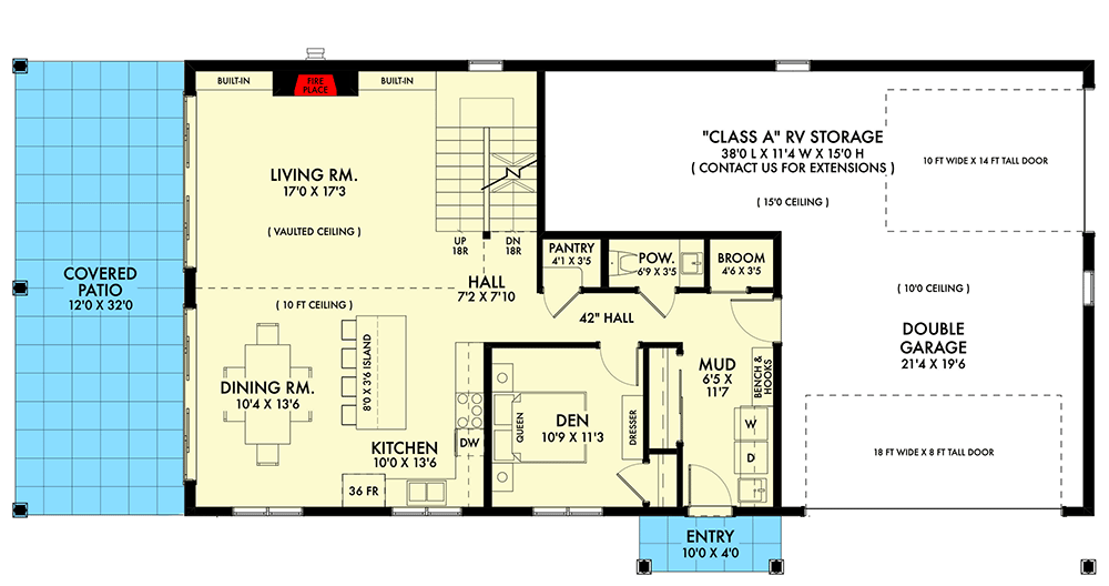 Plan 677044NWL: Barndominium with Flex Room and RV Bay - 2340 Sq Ft - Floor Plan - Main Level - Barndominium, Country, New American, Traditional