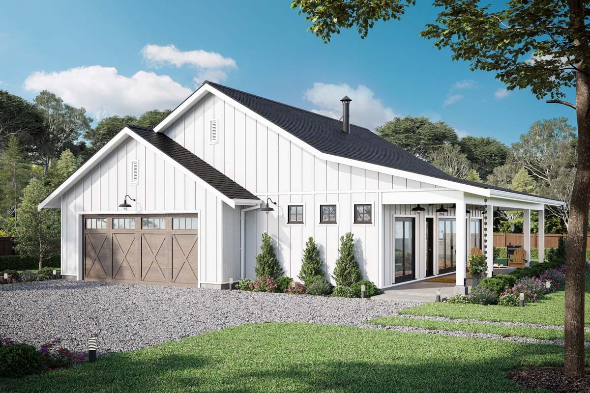 Modern Farmhouse house plan exterior with board and batten siding, a prominent gable, attached garage, and a covered porch.