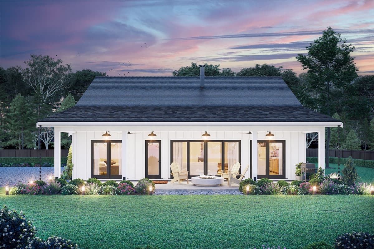 House plan exterior. Modern Farmhouse style with a single story, front porch, and gable roof. Features include large glass doors and an outdoor patio.