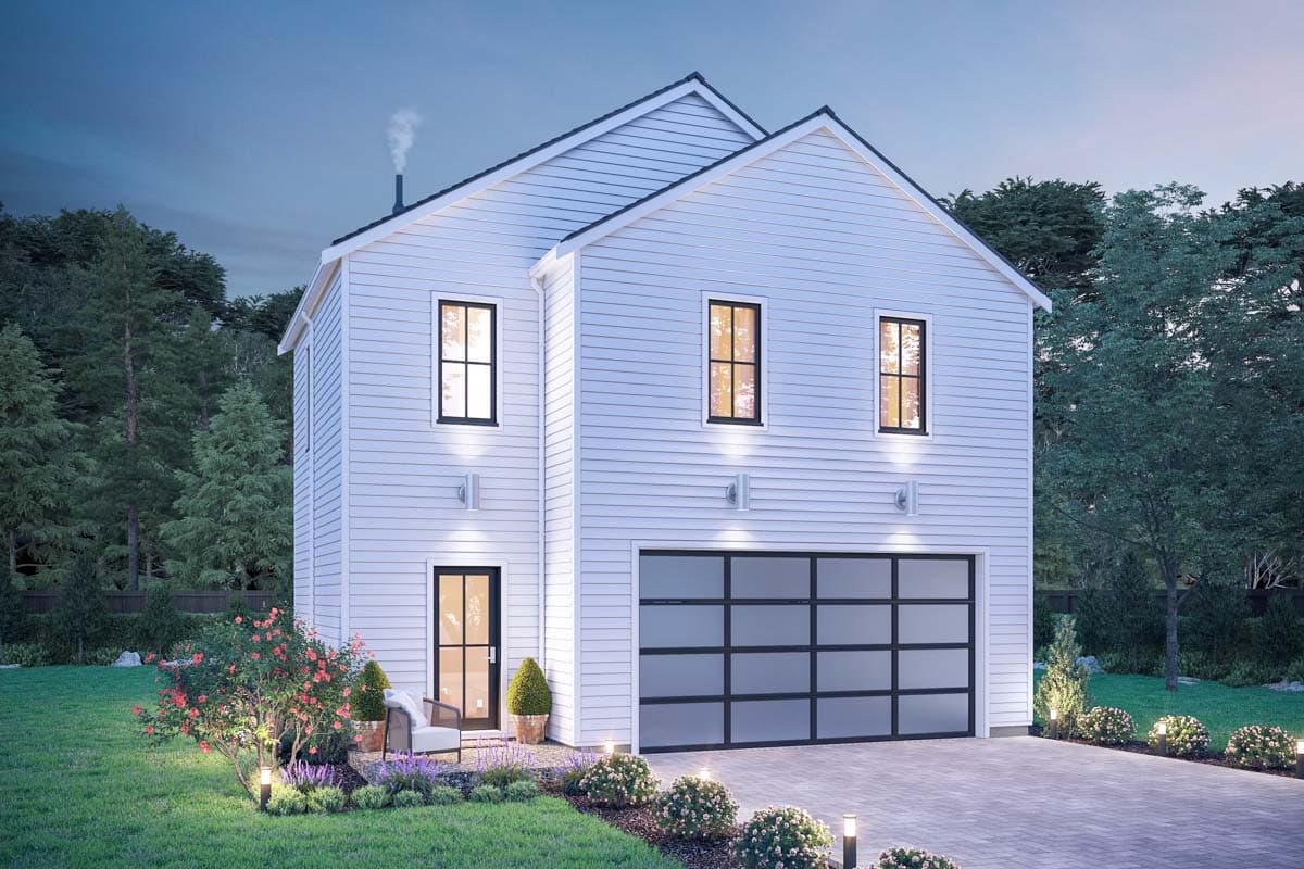 House plan exterior of a two-story Modern Farmhouse with white siding, a gable roof, and a frosted glass garage door.