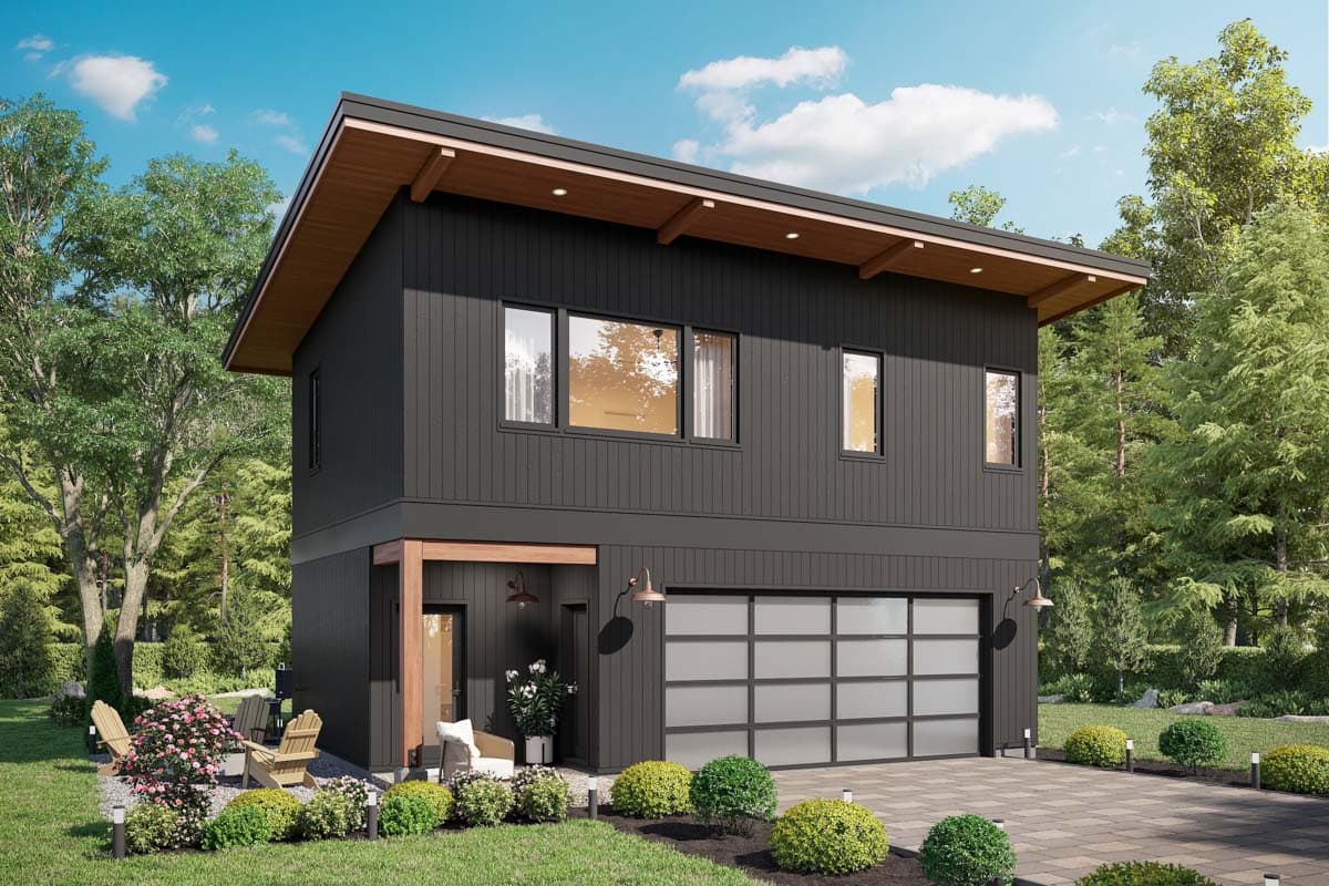House plan exterior. Two-story modern design with shed roof, garage, and covered entry porch. Vertical siding with dark paint and wood accents.