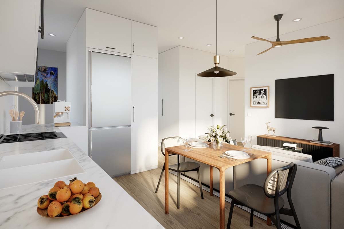 Modern interior rendering showing kitchen, dining area with table and chairs, and living space with sofa and TV.