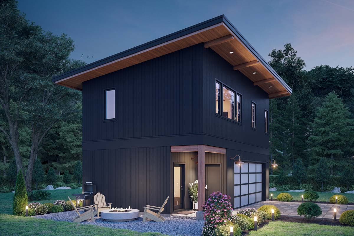 Modern two-story house plan exterior with dark vertical siding, cantilevered roof, attached garage, and covered entry.