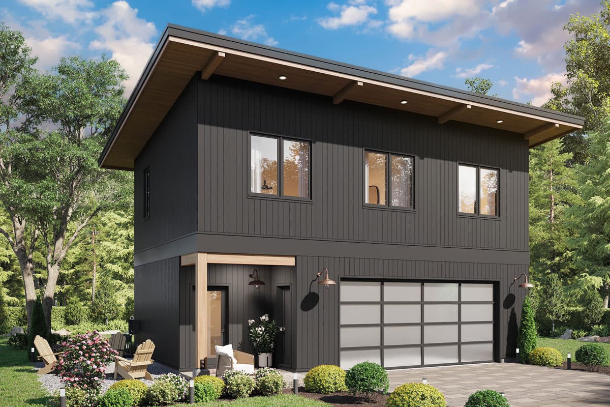 House plan exterior. Two-story modern style with flat roof and exposed rafters. Features include a garage, porch, and board-and-batten siding.