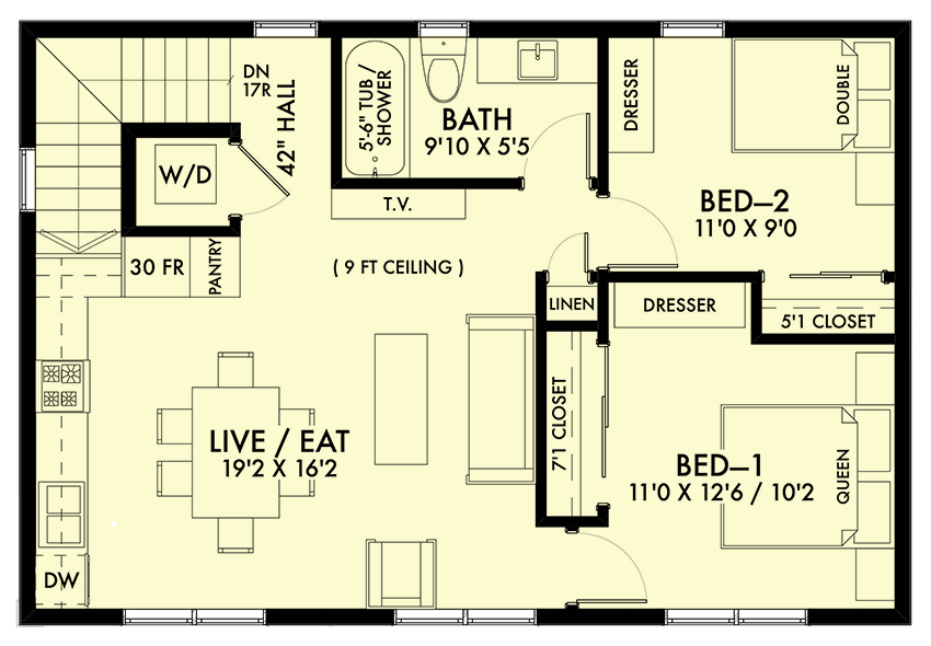 Plan 677048NWL: Modern 2-Bed Garage Apartment with Entry Porch - 886 Sq Ft - Floor Plan - 2nd Floor - Contemporary, Mid Century Modern, Modern