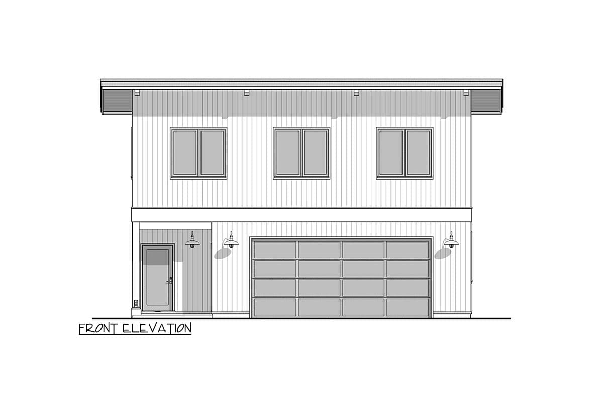 Front elevation drawing of a two-story house with a horizontal siding, three upper windows, a garage door, and a single entry door.