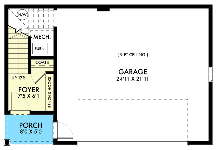 Plan 677048NWL: Modern 2-Bed Garage Apartment with Entry Porch - 886 Sq Ft - Floor Plan - Main Level - Contemporary, Mid Century Modern, Modern