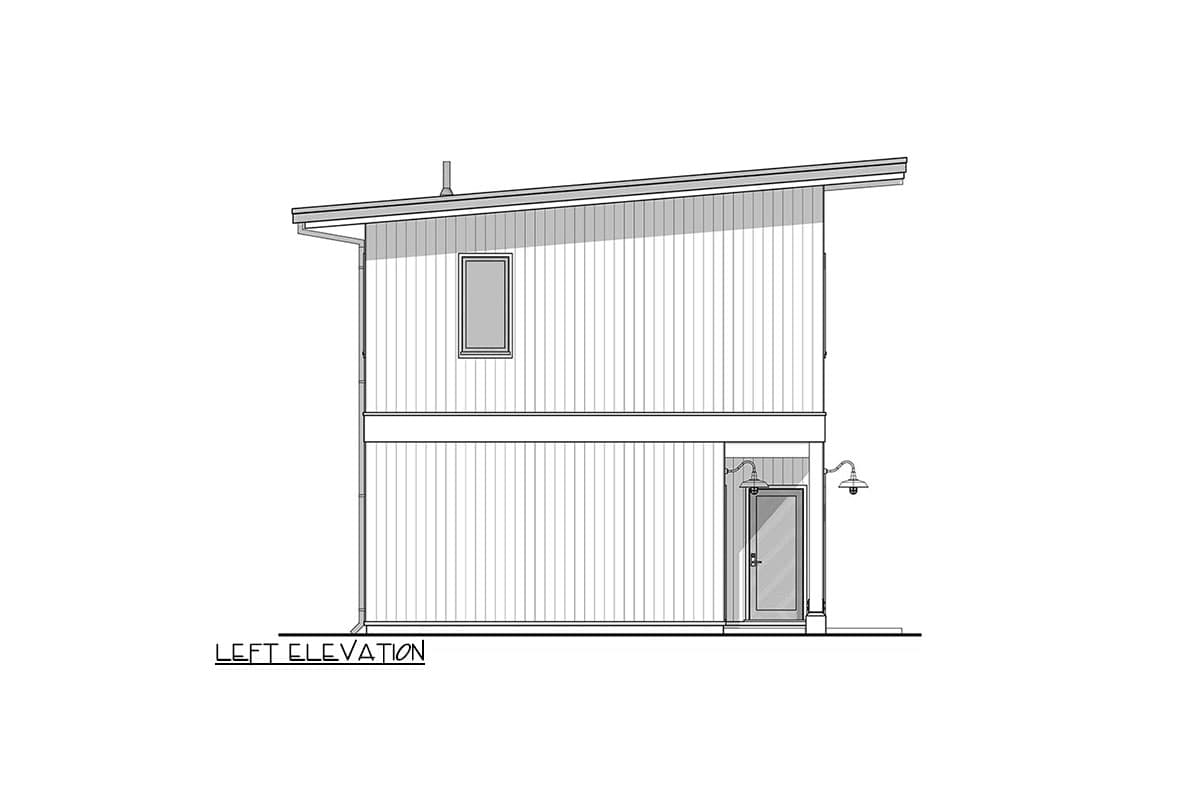 Left elevation drawing of a two-story house with a sloped roof, vertical siding, and one upper window.