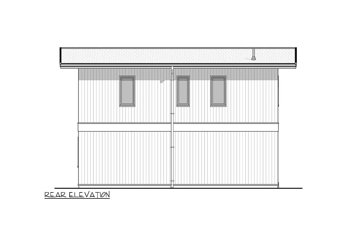 Rear elevation drawing of a two-story house with horizontal siding and a flat roof, featuring three windows.