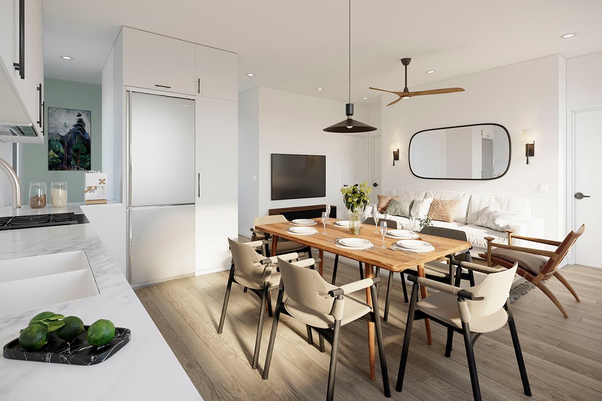 Modern open-concept living, dining, and kitchen area with a large dining table, sofa, and kitchen island.