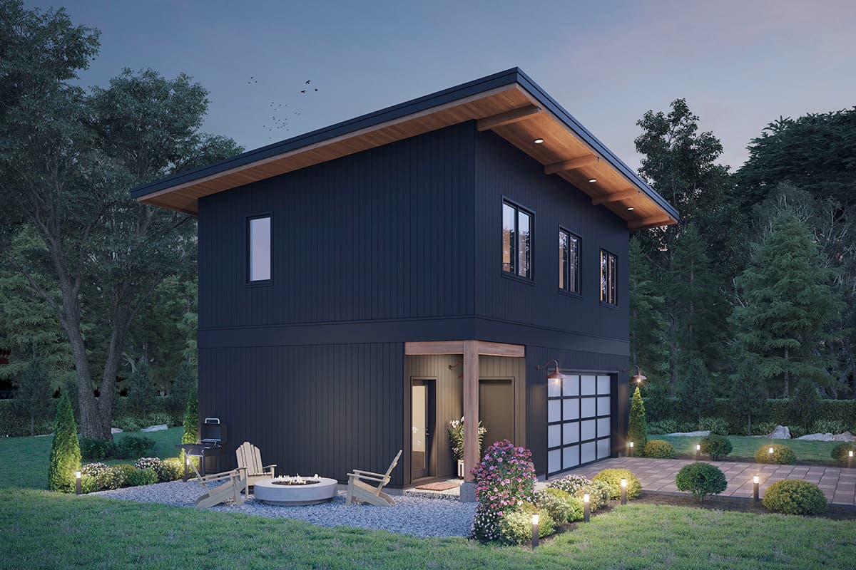 Modern two-story house plan exterior with dark vertical siding, a cantilevered roof, and a two-car garage.
