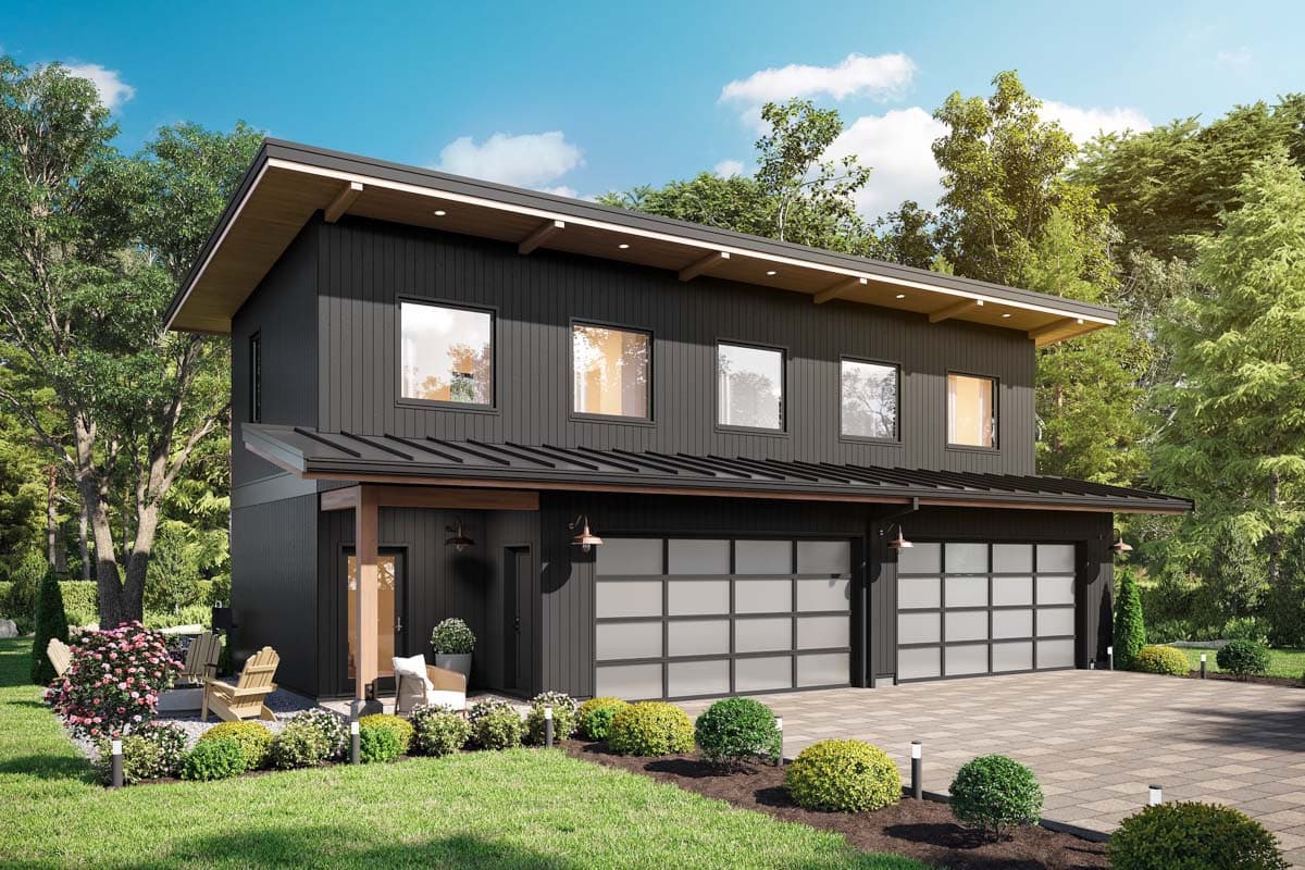 House plan exterior. Two-story modern style with board-and-batten siding, a shed roof, and two glass garage doors.