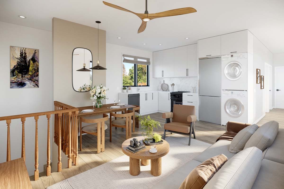 Interior rendering of a compact living, dining, and kitchen area with stacked washer/dryer, island, and wood-paneled stairs.