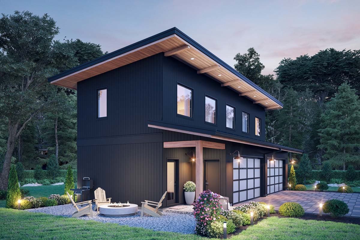 Modern house plan exterior with dark vertical siding, cantilevered roof, and a three-car garage.