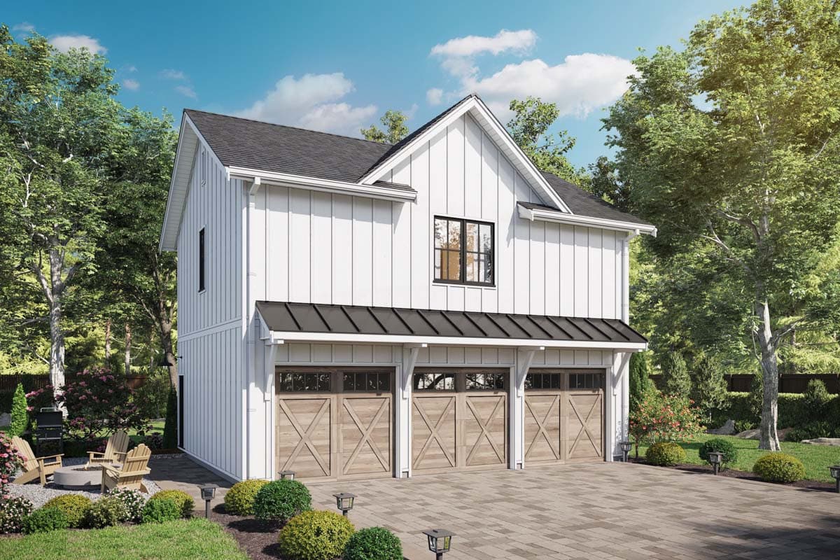 House plan exterior. Modern farmhouse style, two-story structure with a gabled roof and three-car garage. Features include board and batten siding.