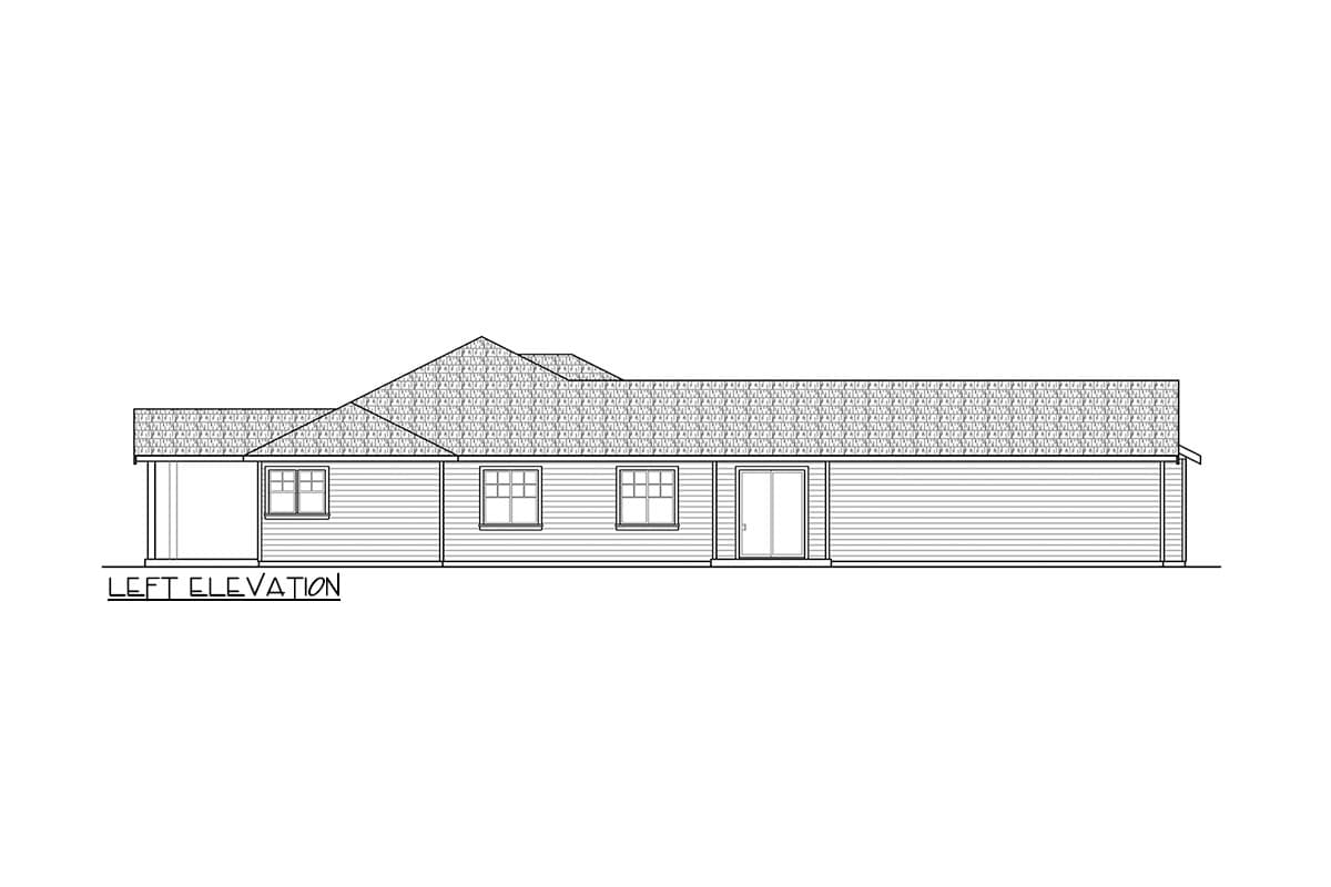 Left elevation of a one-story house plan, showing hipped roof, windows, sliding glass door, and attached garage.