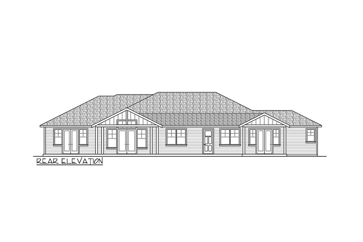 Rear elevation drawing of a single-story house plan with a long, symmetrical facade, central gable, and multiple French doors.