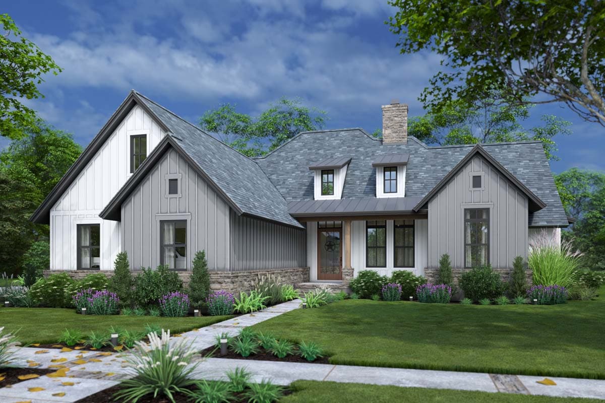 House plan exterior: Modern Farmhouse style, two stories, with board and batten siding, stone accents, prominent gables, and dormer windows.