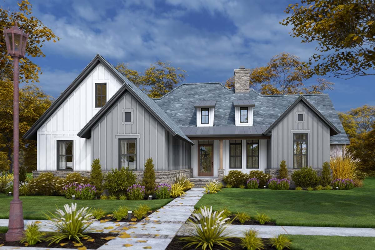 Modern Farmhouse house plan exterior with board and batten siding, gables, dormers, and stone foundation.