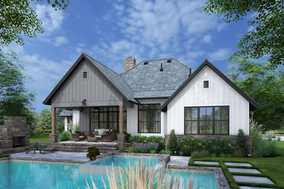 Modern Farmhouse house plan exterior with board and batten siding, prominent gables, stone accents, and a covered porch.