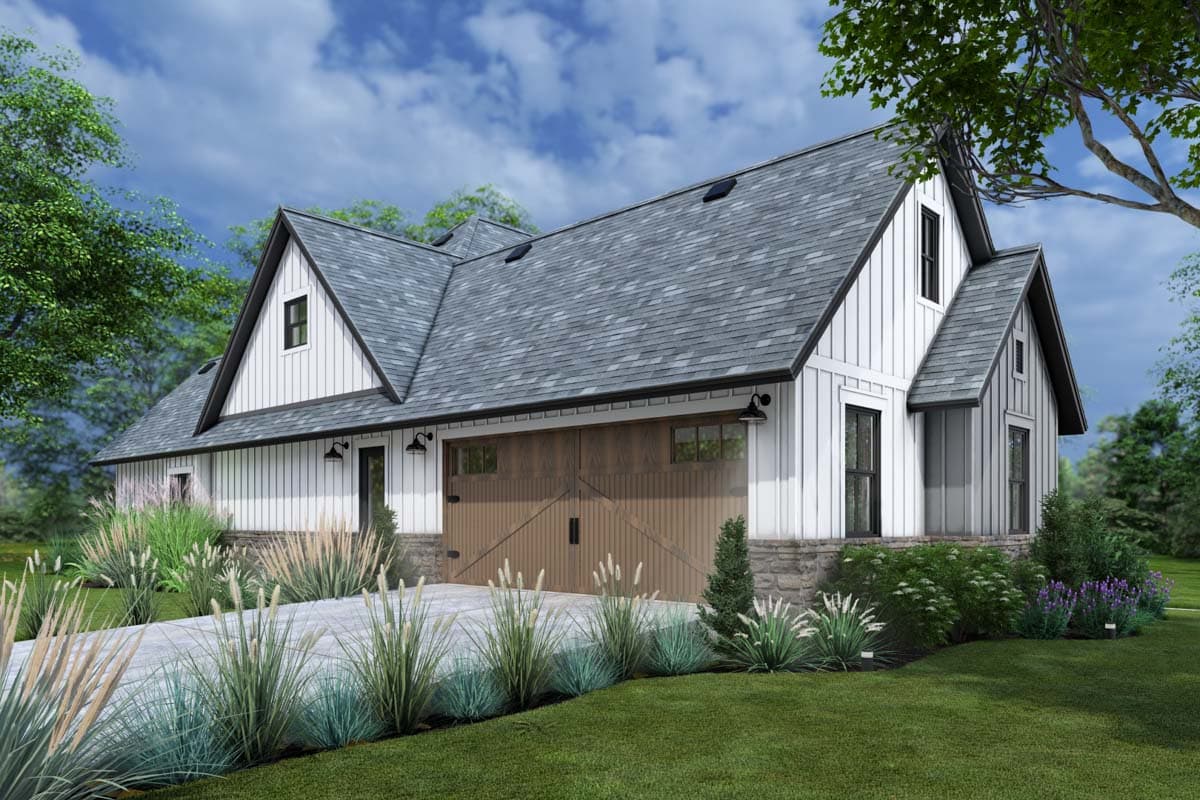 Modern Farmhouse house plan exterior with board and batten siding, stone foundation, gables, and double garage doors.
