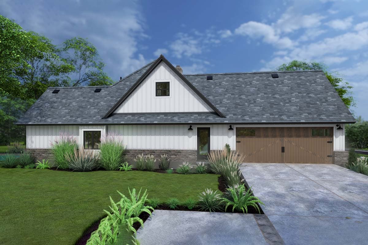 House plan exterior of a modern farmhouse with board-and-batten siding, stone accents, gable dormer, and a carriage-style garage door.