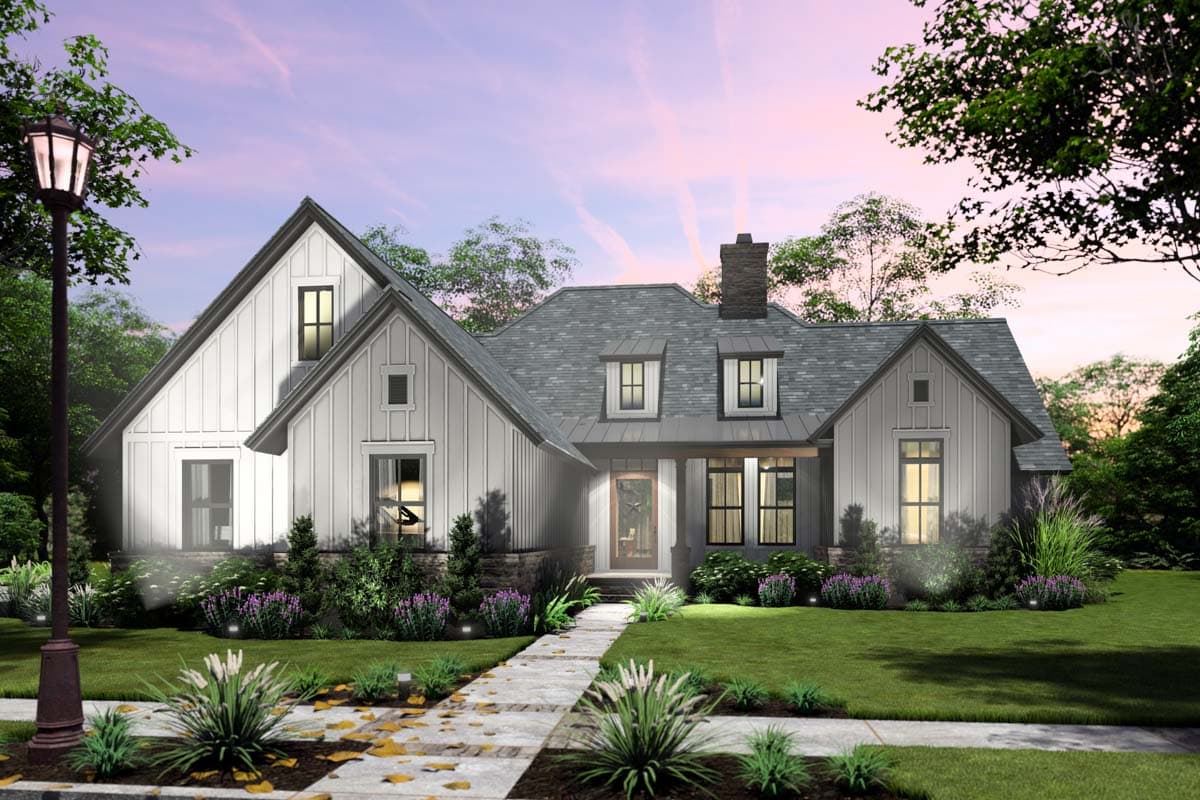 House plan exterior. Modern Farmhouse style with two stories, gabled rooflines, dormers, and a covered porch with stone detailing.