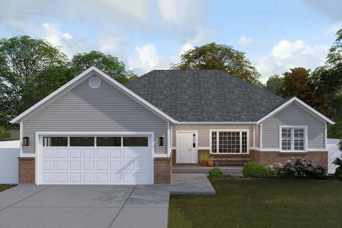 House plan exterior. Ranch style with a two-car garage, brick facade, and gabled roof. Front entry includes a window seat and front door.