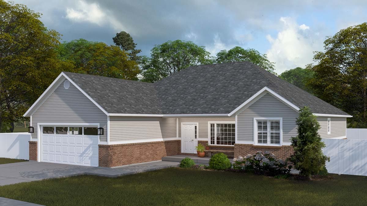 Ranch style house plan exterior with attached garage, brick foundation, gable, and porch.