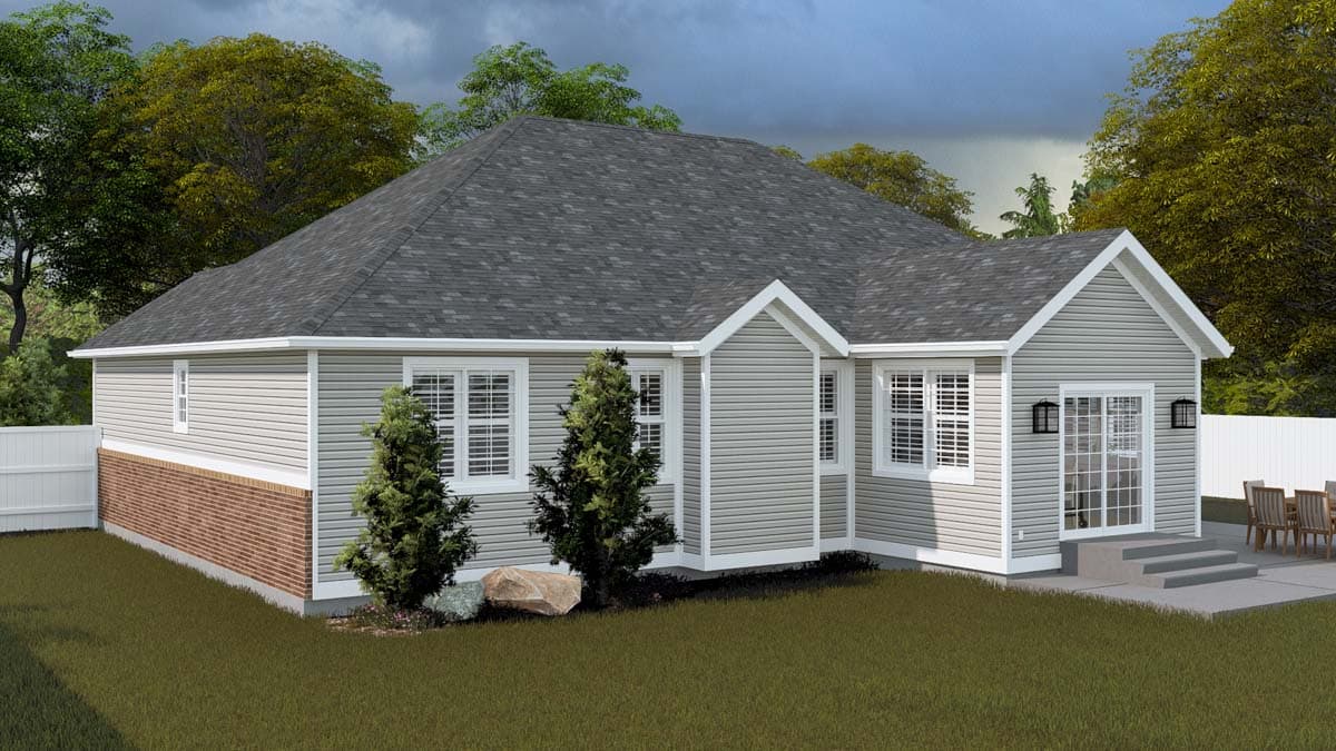 One-story house plan exterior with horizontal siding, brick foundation, gabled roof, and double-pane windows.