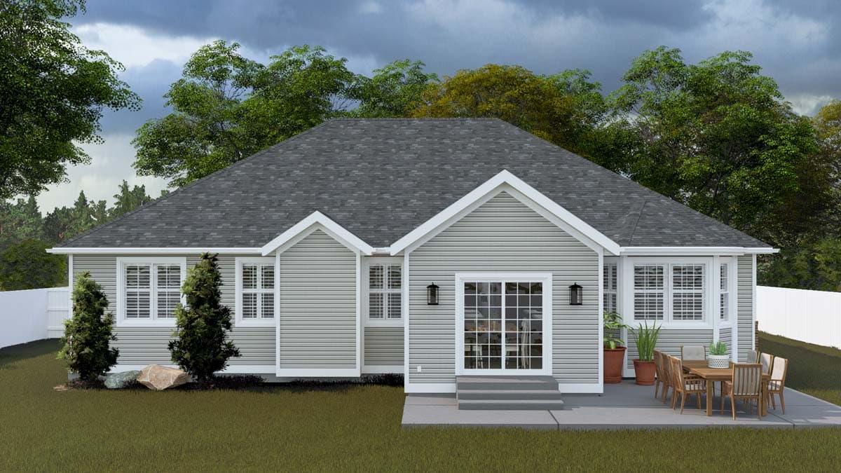 House plan exterior, one-story home with gabled dormer, sliding glass doors, and multiple windows.