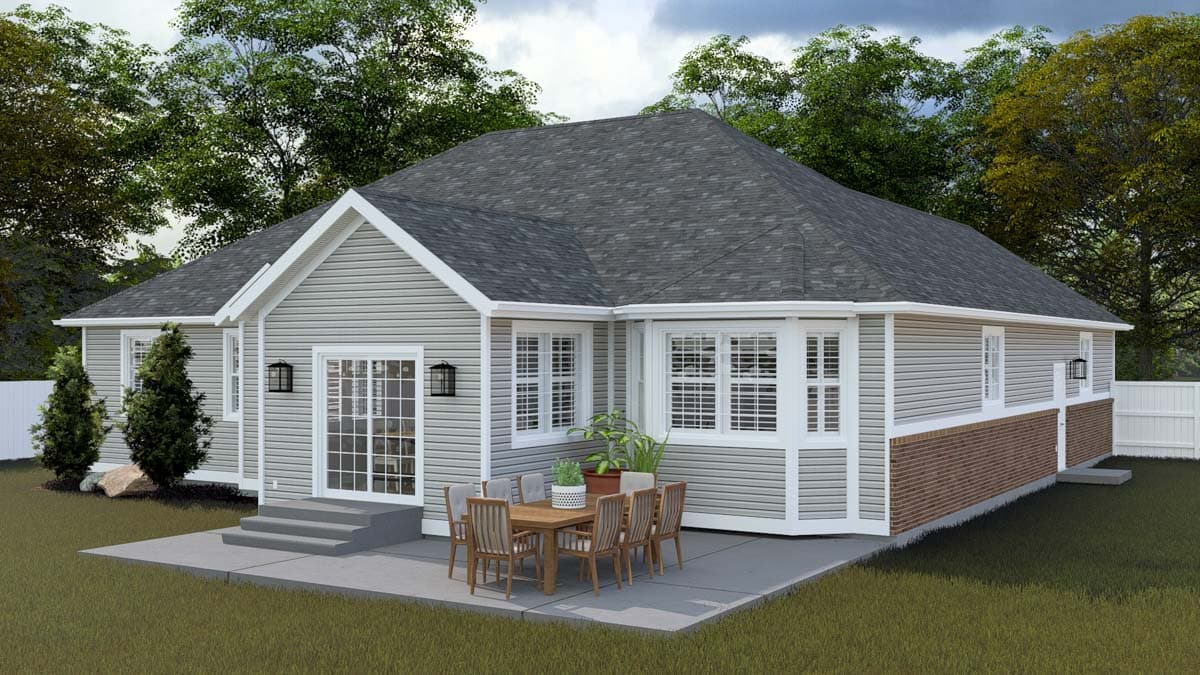 House plan exterior: Single-story home with gray siding, white trim, gable end, and brick lower facade.