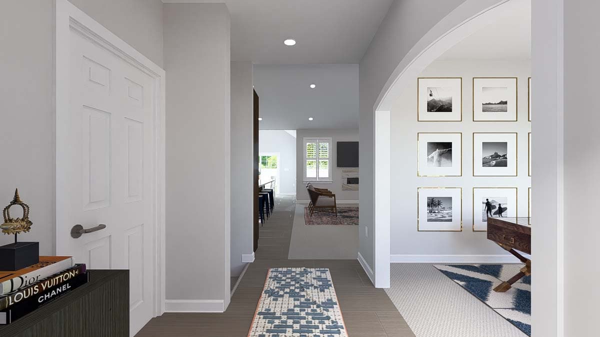 Interior rendering of a hallway with a door, arched entryway, and view into living area with fireplace and bar.
