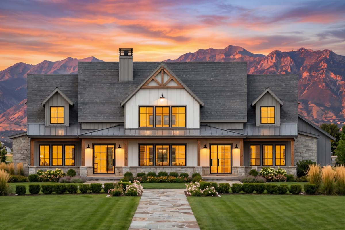 Modern Farmhouse house plan exterior with a covered porch, gables, dormers, stone accents, and multiple window sets.