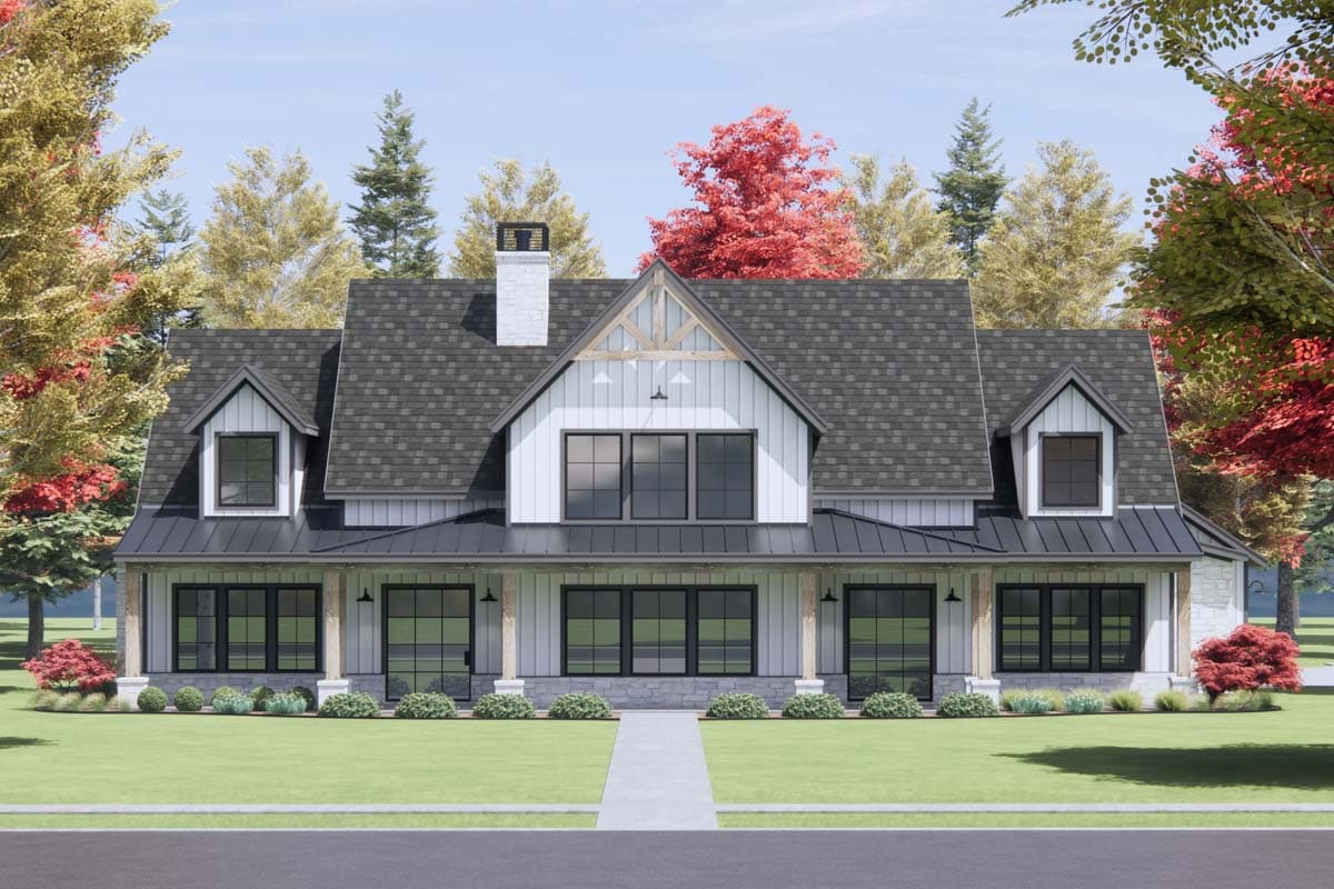 House plan exterior featuring a Farmhouse style with two stories, a full-length porch, multiple dormers, and a gable roofline.