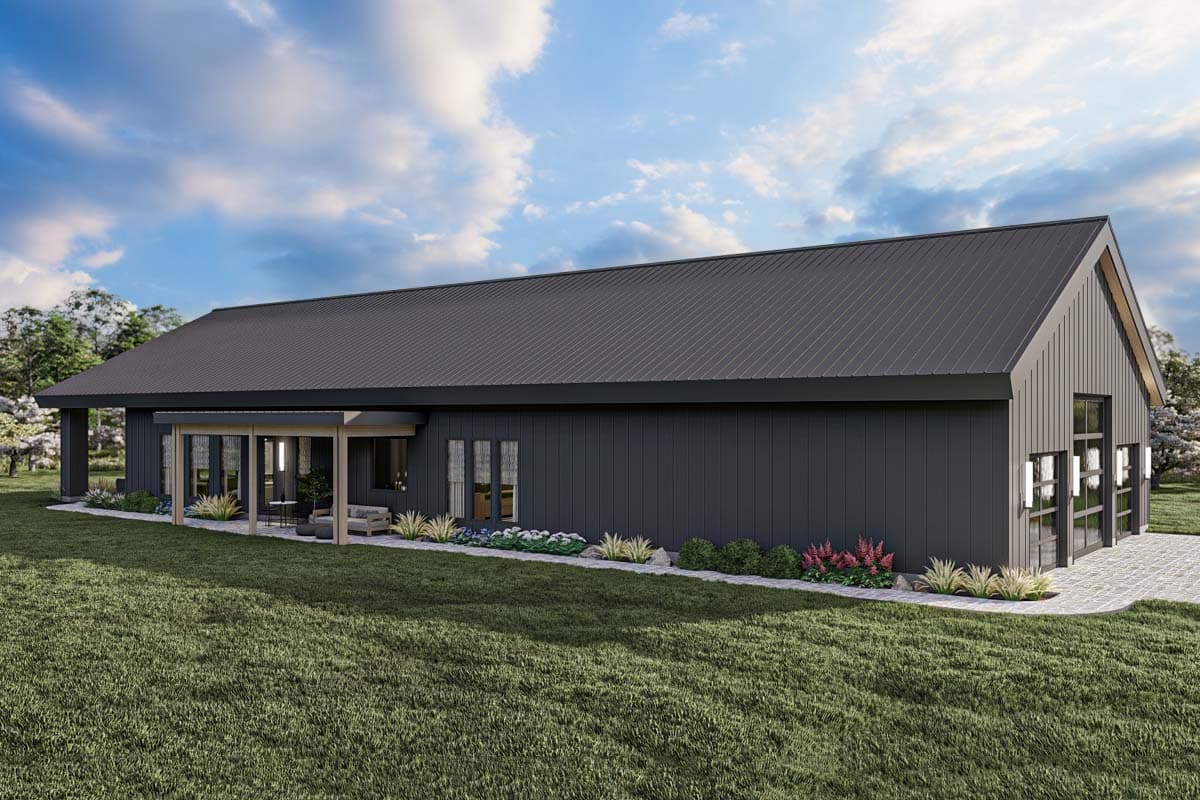House plan exterior with modern style, one story, and a shed roof. Features include a covered porch, board and batten siding, and an attached garage.