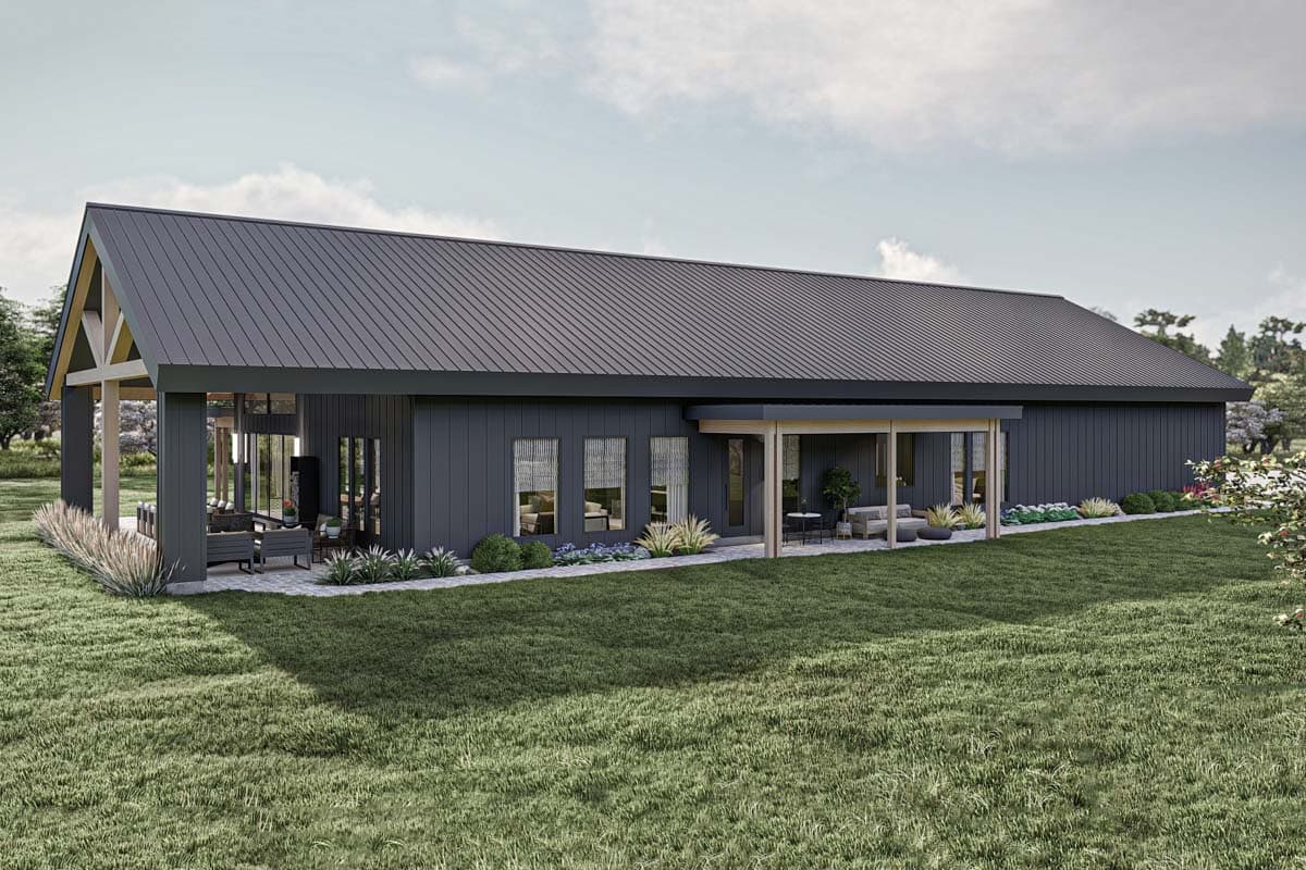 Modern ranch house plan exterior with a standing seam metal roof, gable end, and covered patios.