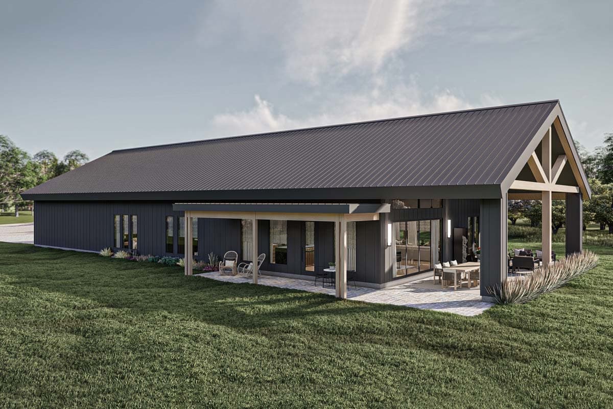 Modern house plan exterior with a low-slope metal roof, expansive windows, and covered patio with exposed beams.