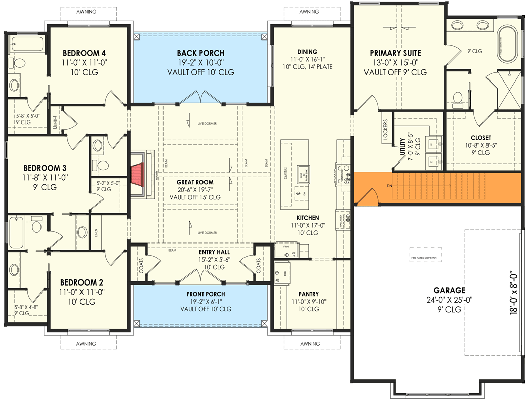 Plan 818104JSS: Modern Hill Country House Plan with 4 Bedrooms and Vaulted Great Room - 2390 Sq Ft - Floor Plan - Main Level - Basement Foundation Version Stair Location - Country, Hill Country, Modern Farmhouse, New American