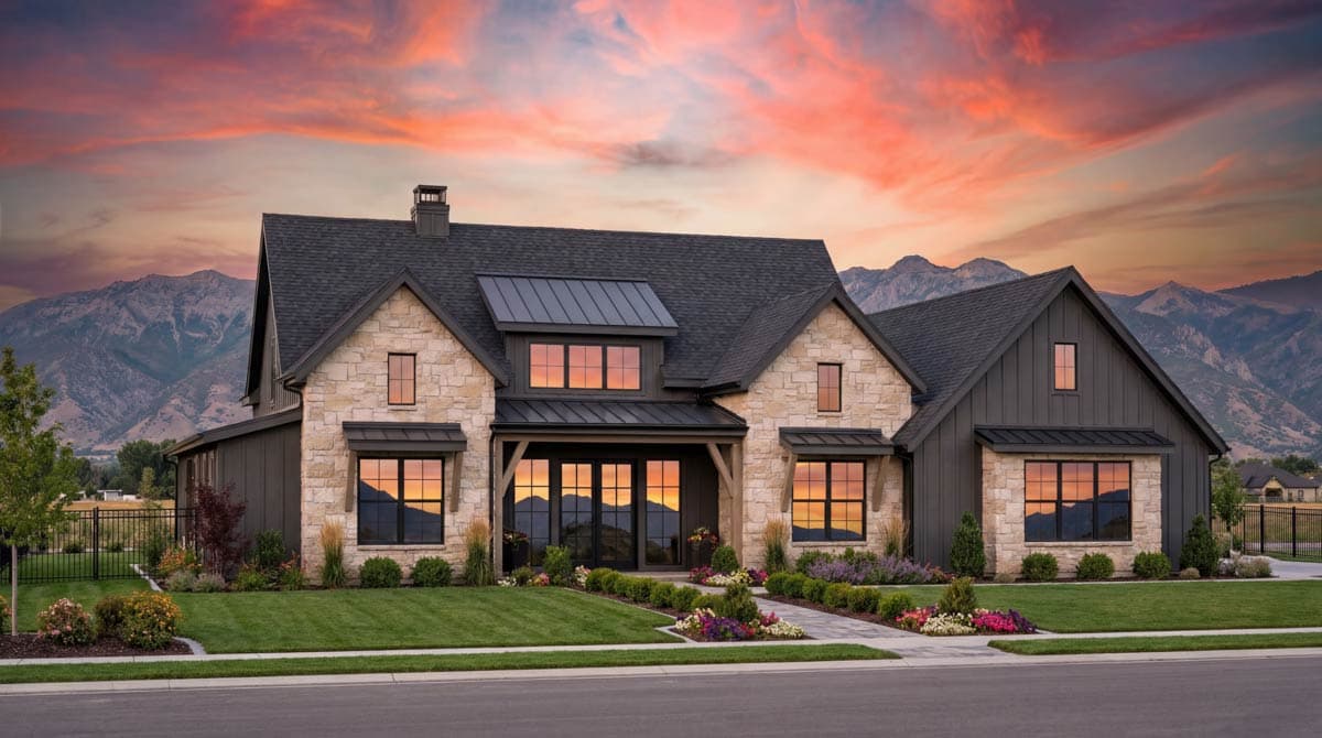 Modern Farmhouse house plan exterior with stone and board-and-batten siding, multiple gables, and metal roof accents.