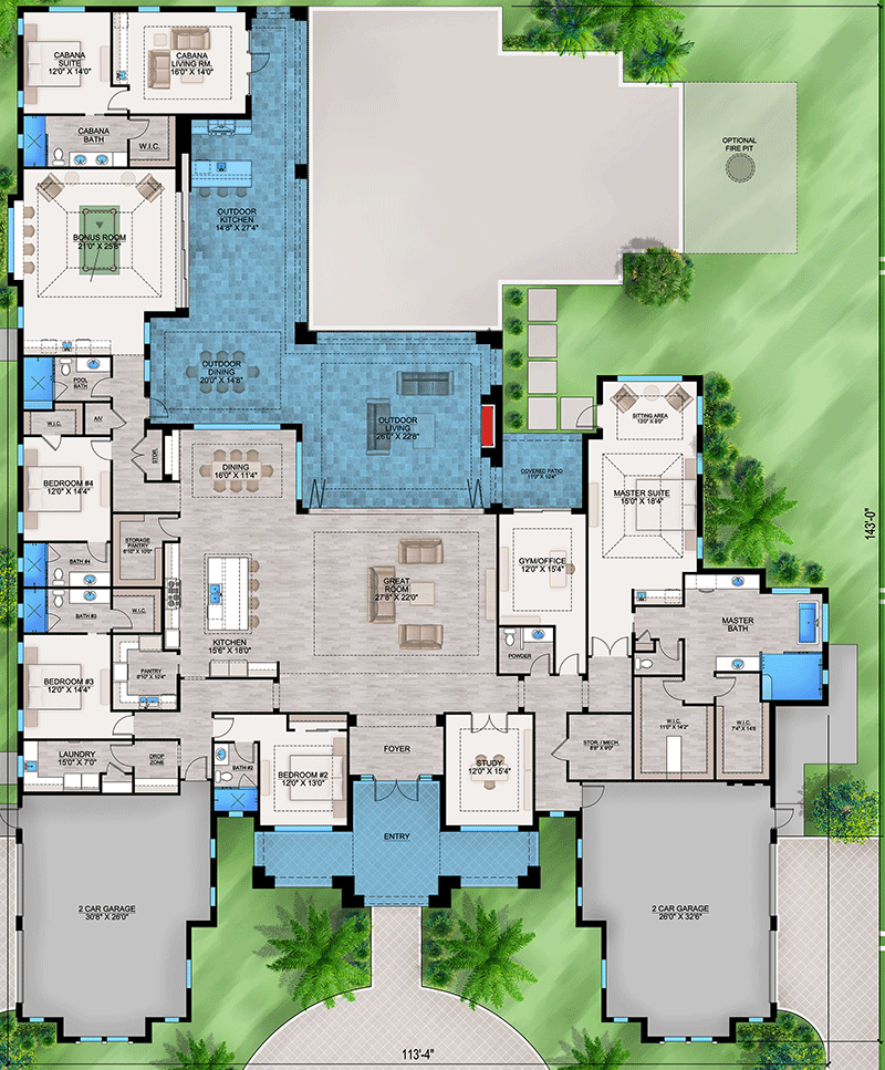Plan 86127BW: 6 Bed Coastal Contemporary House Plan with Outdoor Entertaining - 6436 Sq Ft - Floor Plan - Main Level - Coastal Contemporary, European, Florida-Style, Mediterranean, New American, Southern, Transitional